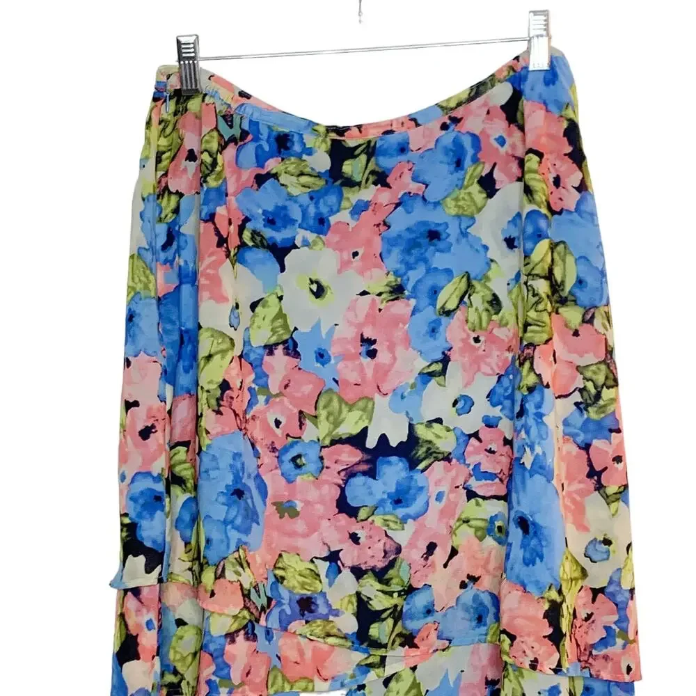 JACLYN SMITH Floral A-Line Knee Length Skirt Asymmetrical Hem Blue Pink Size M